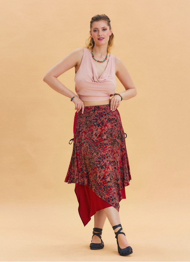 Red Ethnic Skirt with Tie Detail and Elastic Waist Pattern 4522